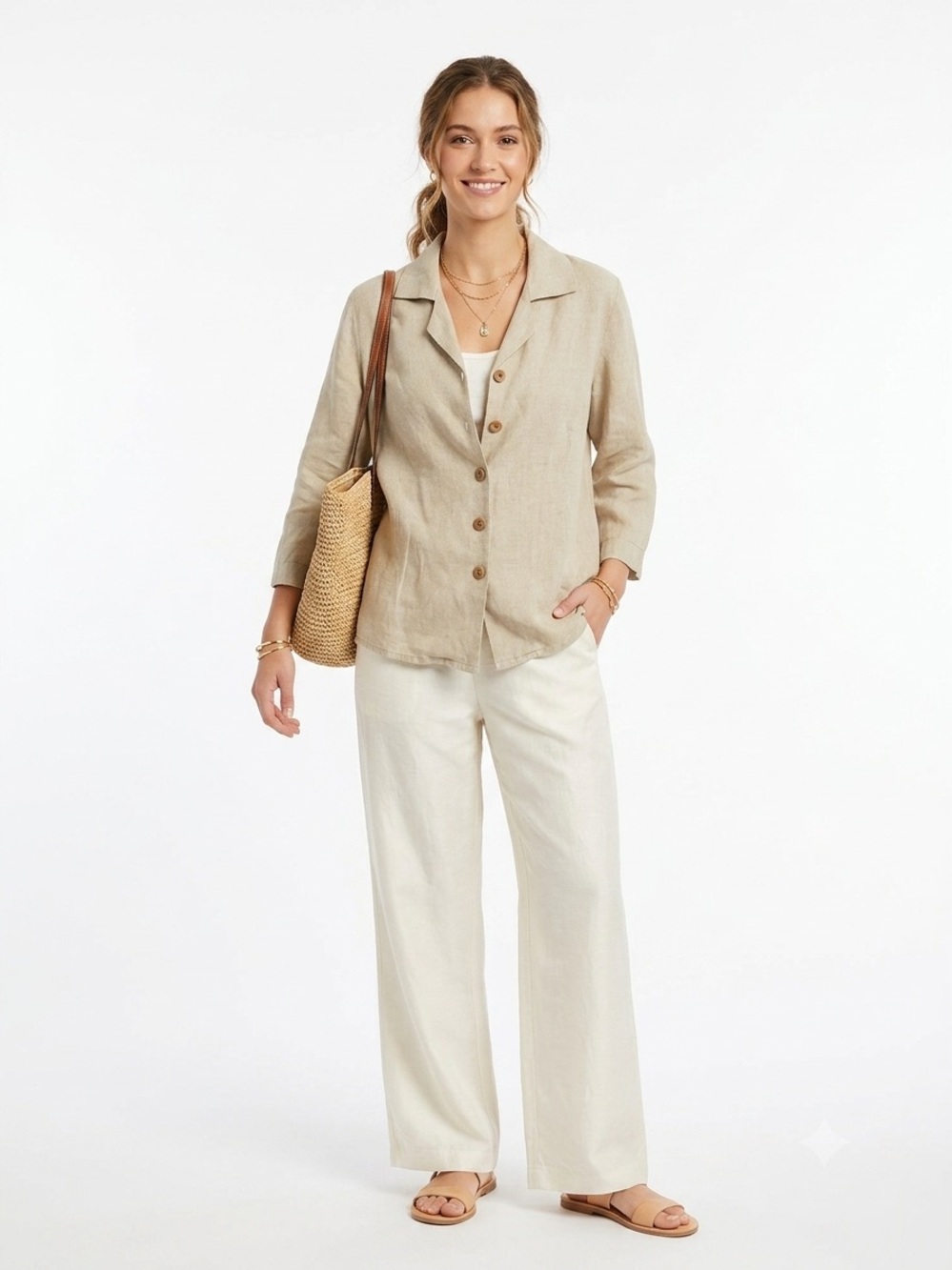 FLAX Jeanne Engelhart Vintage 100% Linen Tan Button Down Shirt Blazer Small